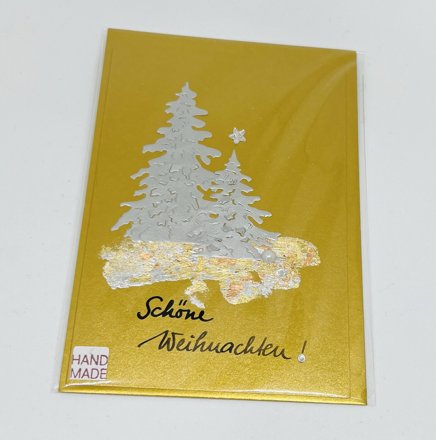 Billett „handmade“ Weihnachten gold mit Silberbäumen