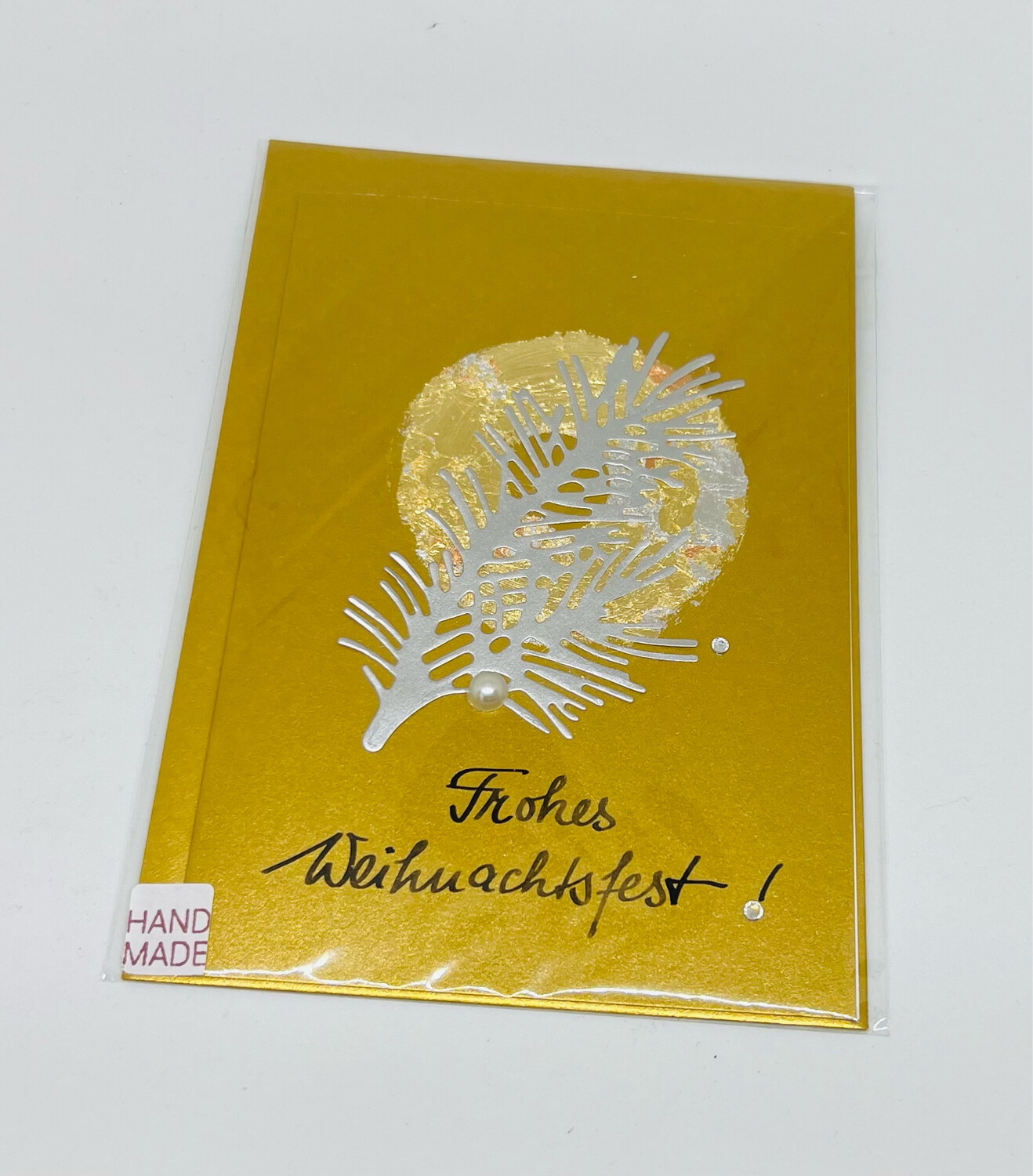 Billett „handmade“ Weihnachten gold mit Silberzweig