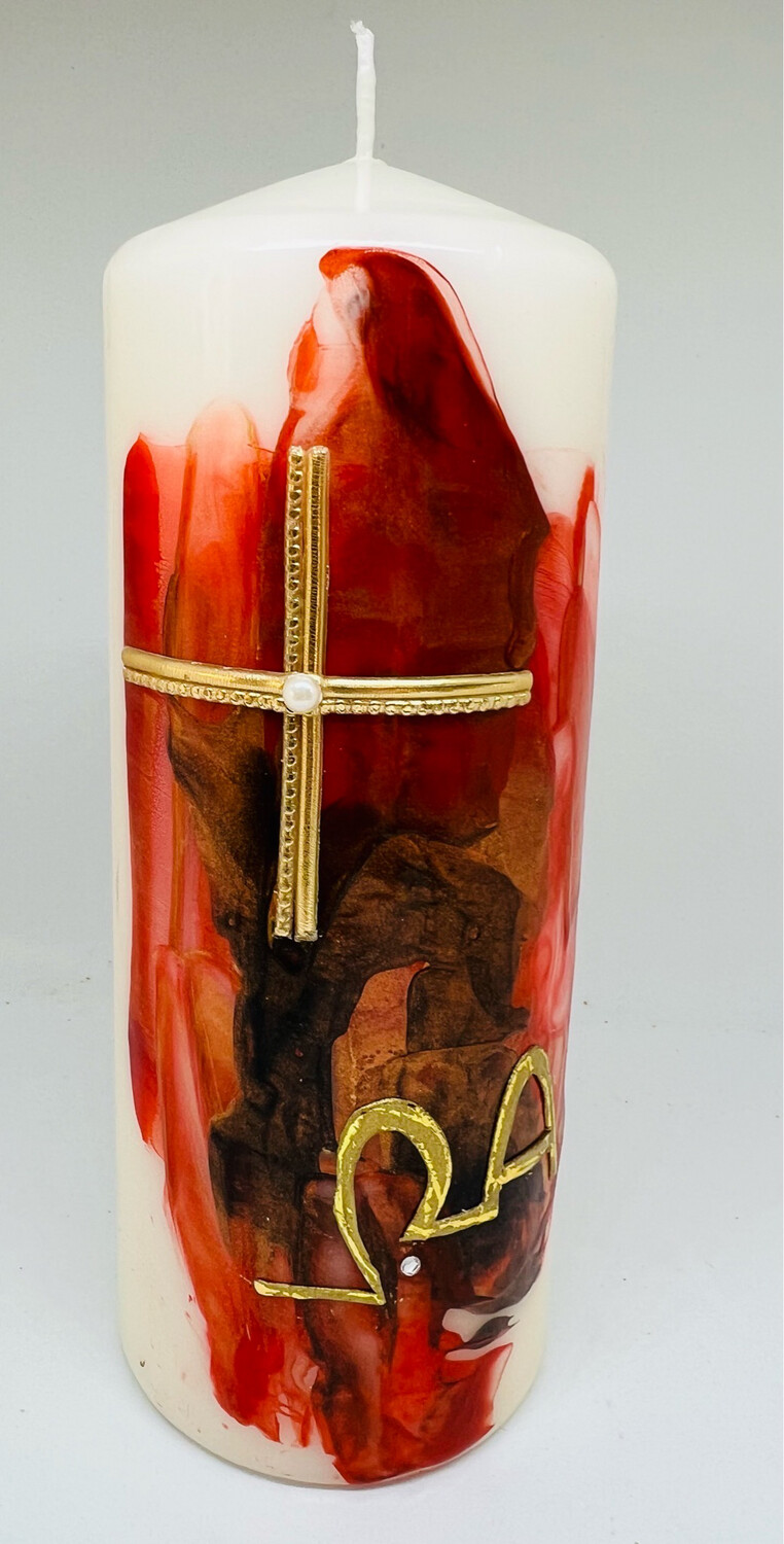 Trauerkerze mittel, Encaustic Rottöne mit Kreuz und Alpha/Omega aus Blattwachs