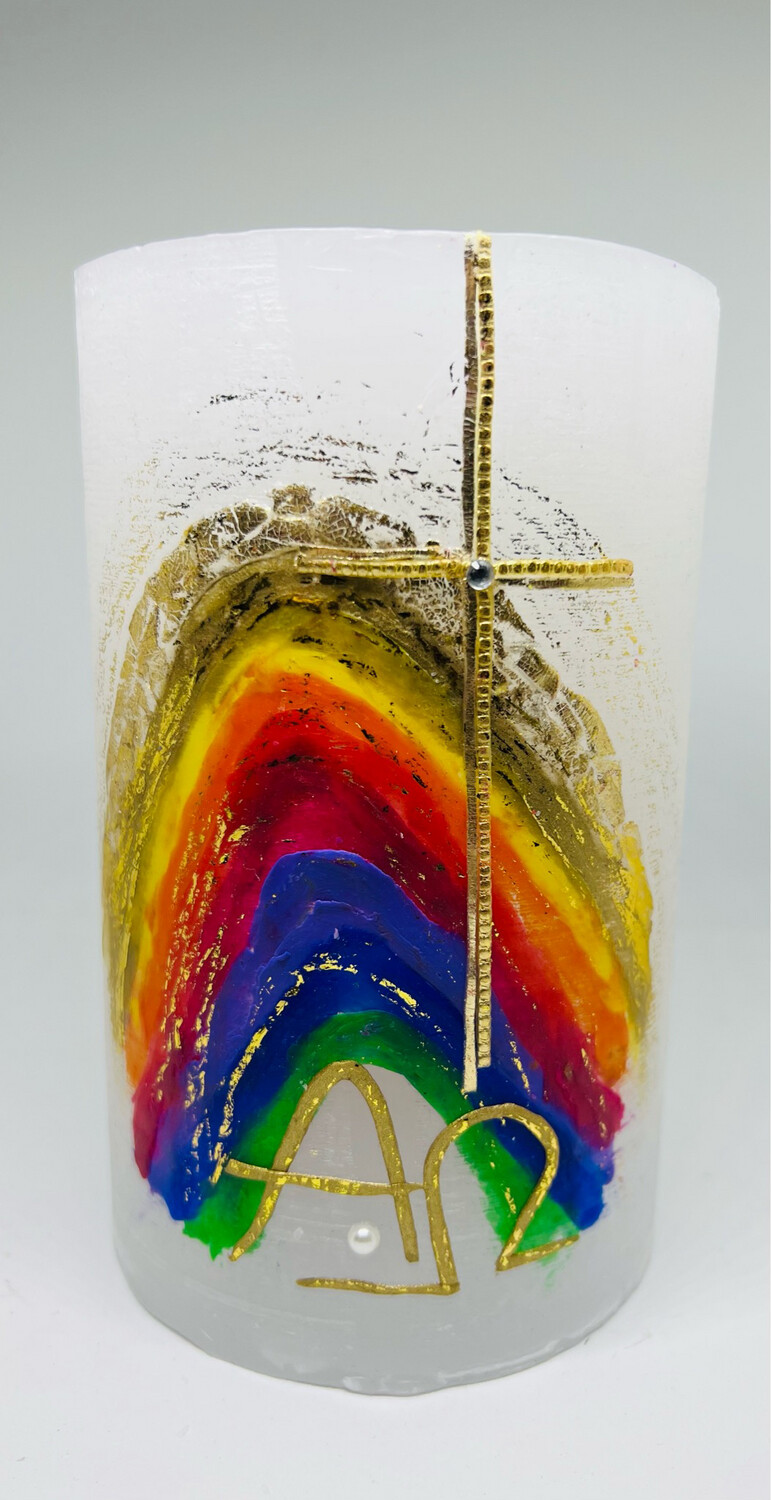 Trauerkerze mittel - Regenbogen/Kreuz/Alpha und Omega