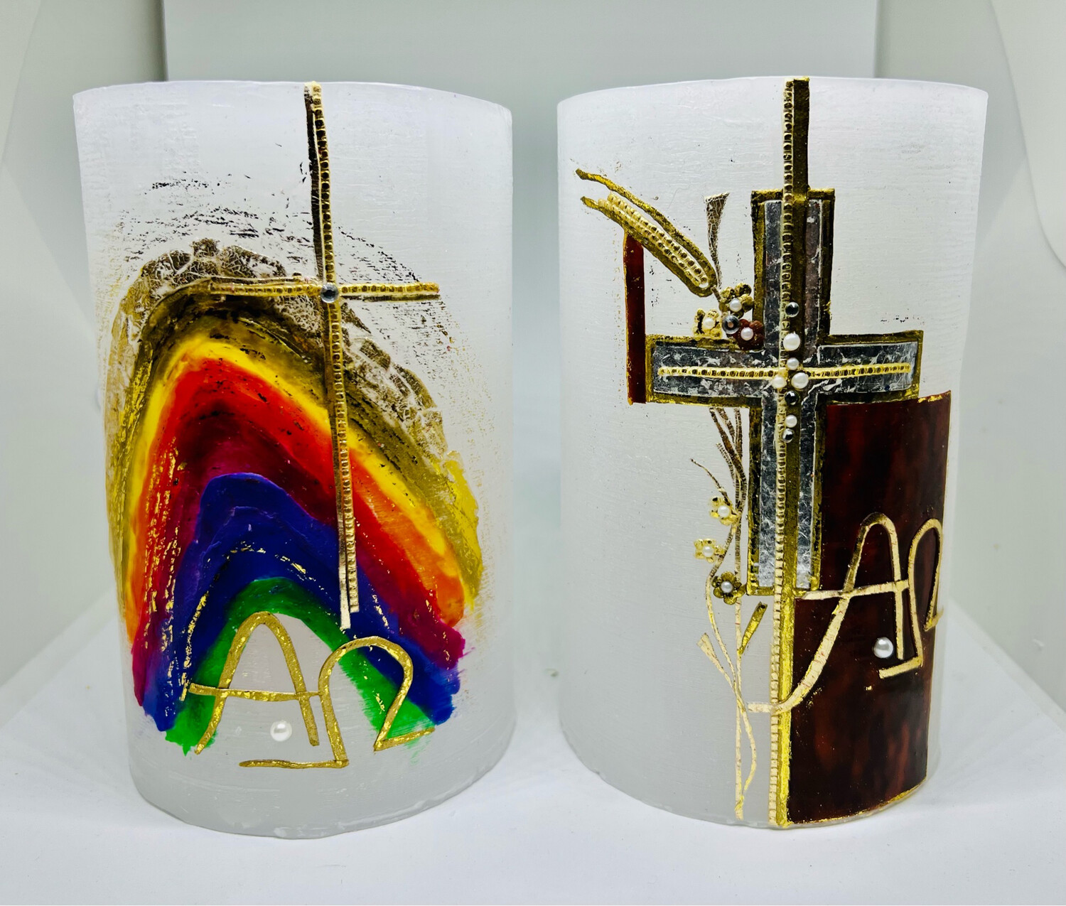 Trauerkerze mittel mit Glaseinsatz - Kreuz/Ähren/Blumen/Alpha und Omega
