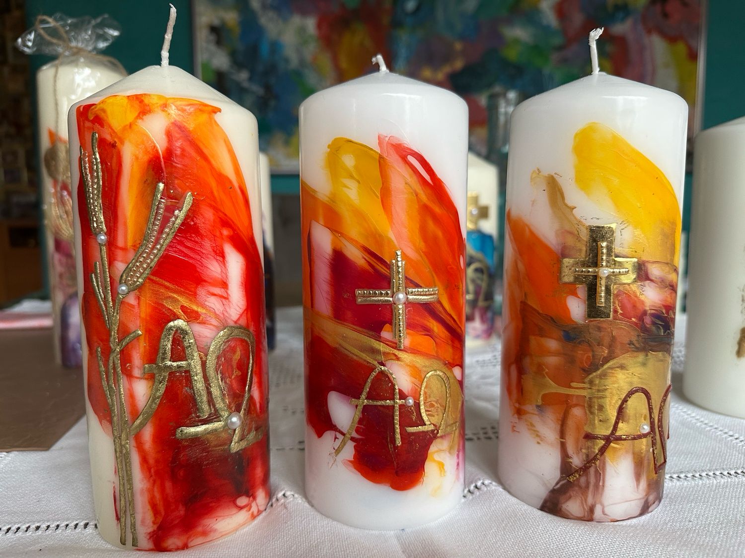 Trauerkerze - Encaustic Rottöne, Blattmetall gold, Perlen