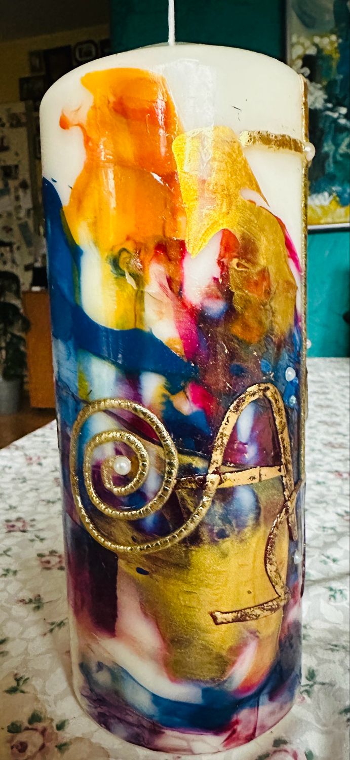 Trauerkerze „Guido“ - Encaustic, Blattwachs, Spirake, Kreuz, Alpha/Omega und Foto + Namensgravur