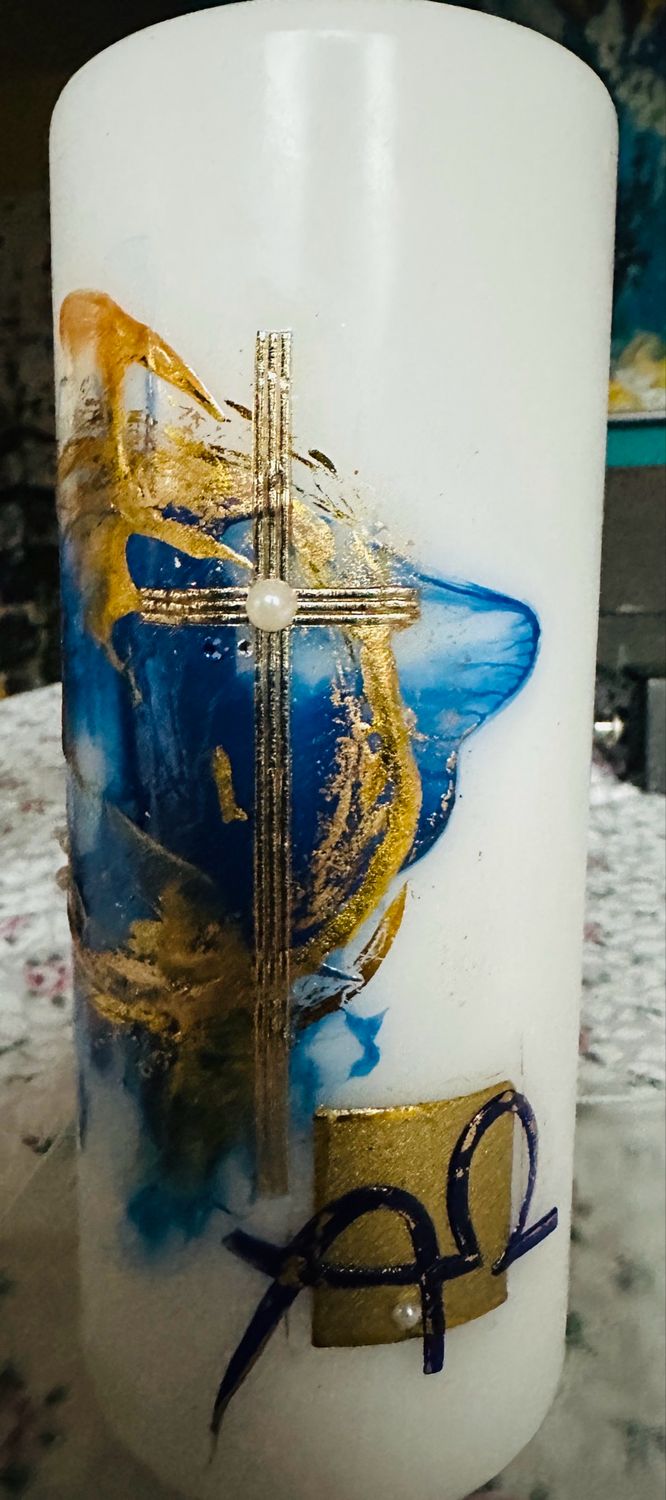 Trauerkerze „Resi“ - Encaustic blau/gold, Kreuz, Alpha/Omega, Perlen, Kristalle