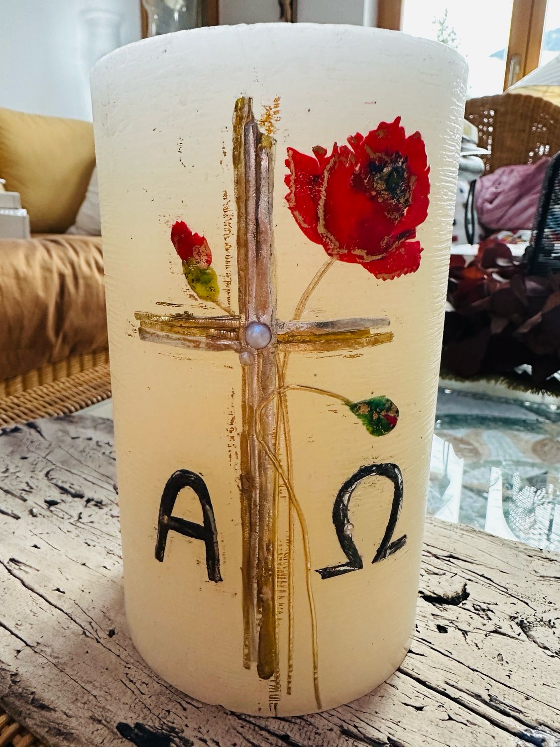 Trauerkerze - Rustik mittel - mit Teelichteinsatz Glas massiv - Motiv Mohnblume