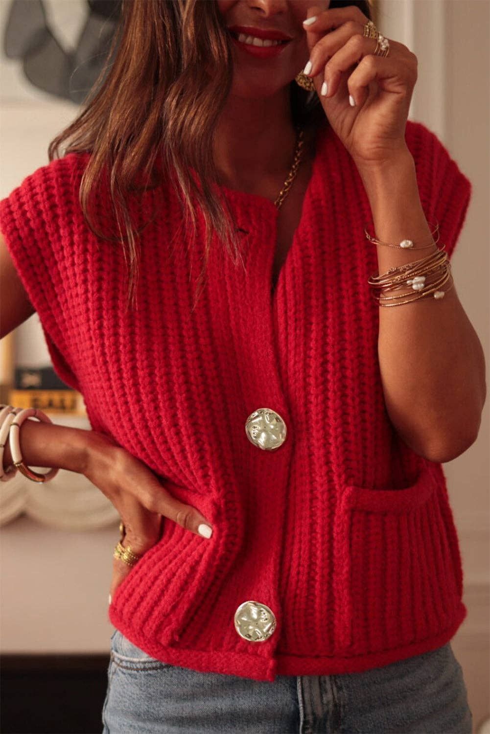 Shiane Sweater Vest, Color: Fiery Red, Size: S