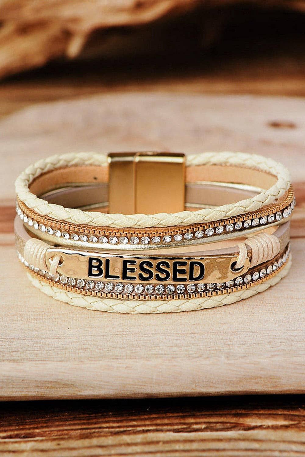 Blessed Rhinestone Braided Bracelet, Color: Beige, Size: ONE SIZE