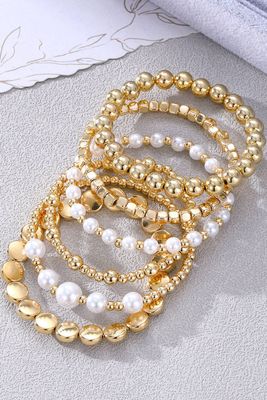 Gold Minimalist Pearl Beaded Multi Layer Elastic Bracelets