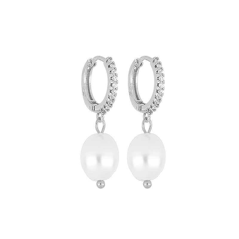 Pearl Drop Hoop Earring - Silver