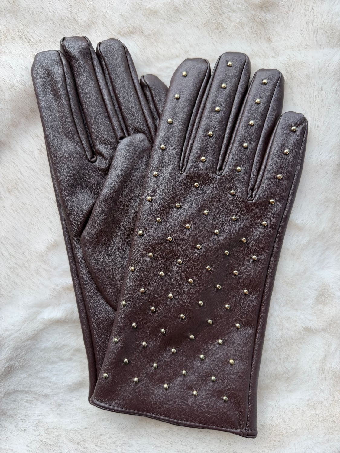 Studded Faux Leather Gloves, Color: Brown