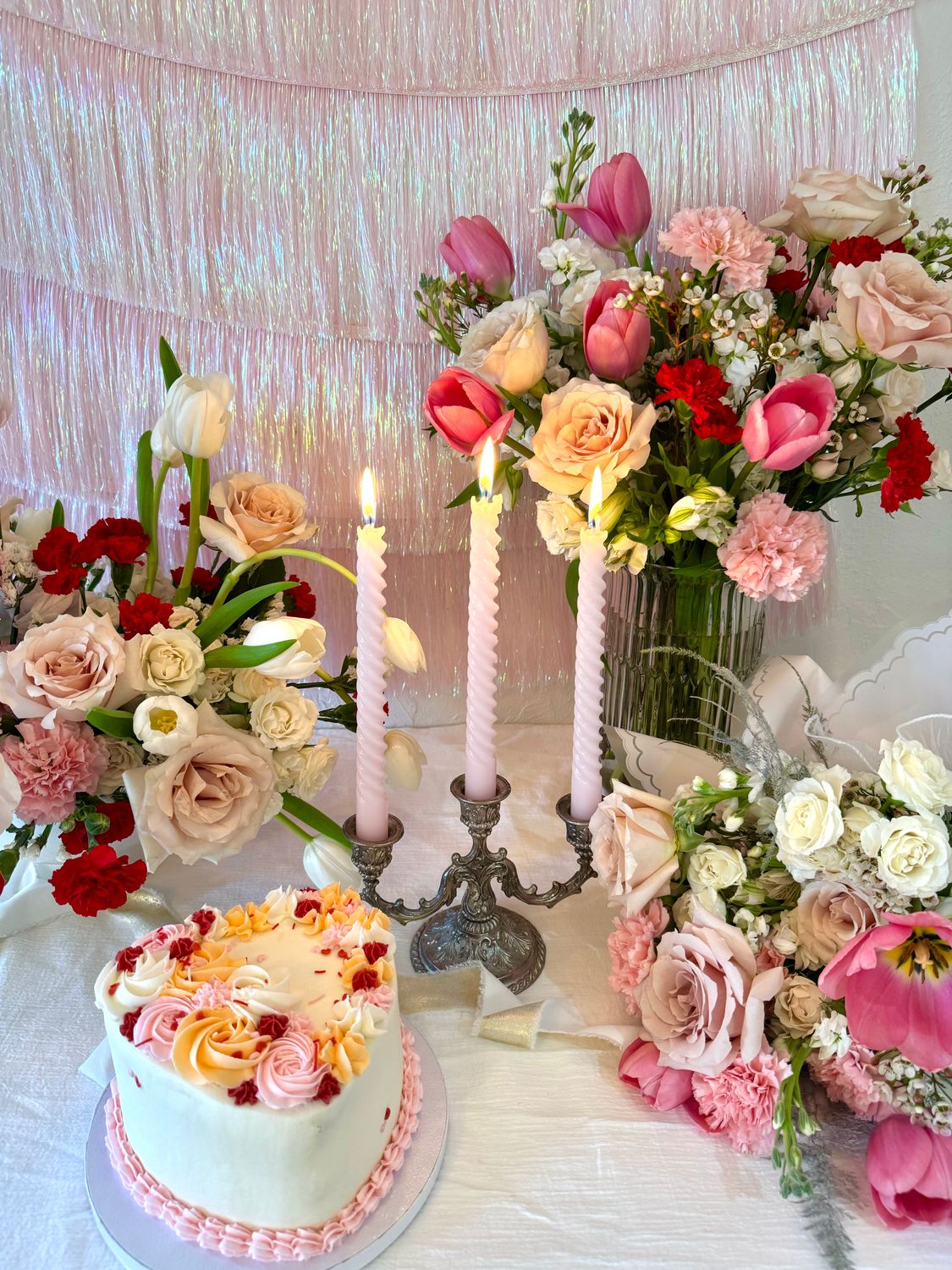 Floral Heart Cake + Flower Bouquet Combo