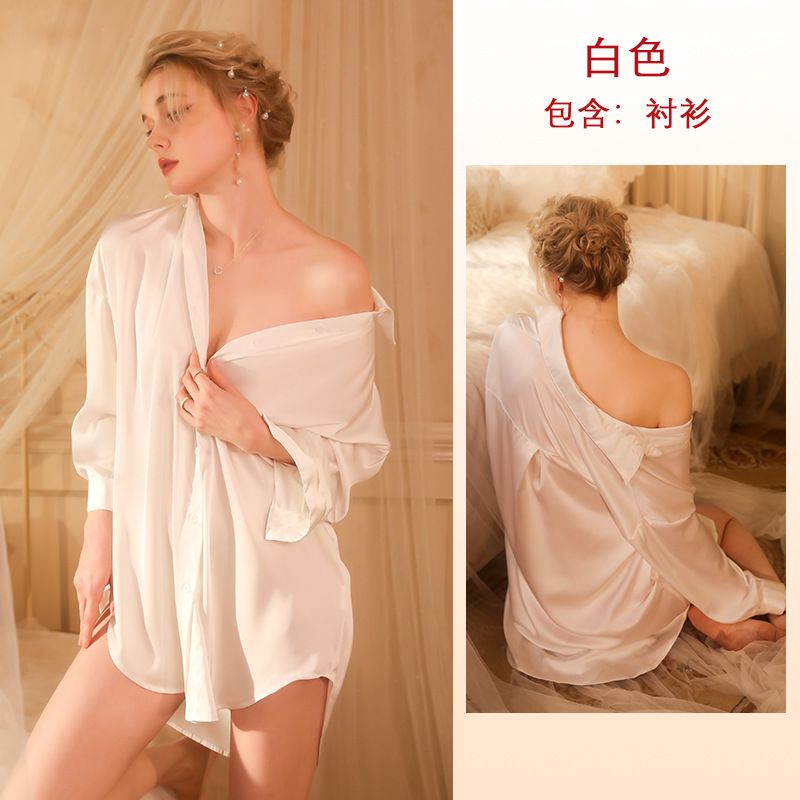 Loose Boyfriend Style Long Shirt Sexy Ice Silk Satin Pajamas Women&amp;#039;s Home Clothes 523, Color: White, Size: S