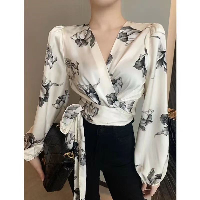 Chiffon Shirt Elegant Commuter Chic Cross Strap V-neck Long Sleeve Shirt 2024 Spring New Top For Women Ins Fashion, Size: M, Color: White