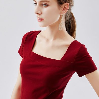 95 CoTTon Square Collar T-shirT Women&amp;#039;s ShorT-sleeved T-shirT Half-sleeved Slim Sexy Top Summer 2024 ReTro Women&amp;#039;s VersaTile New STyle