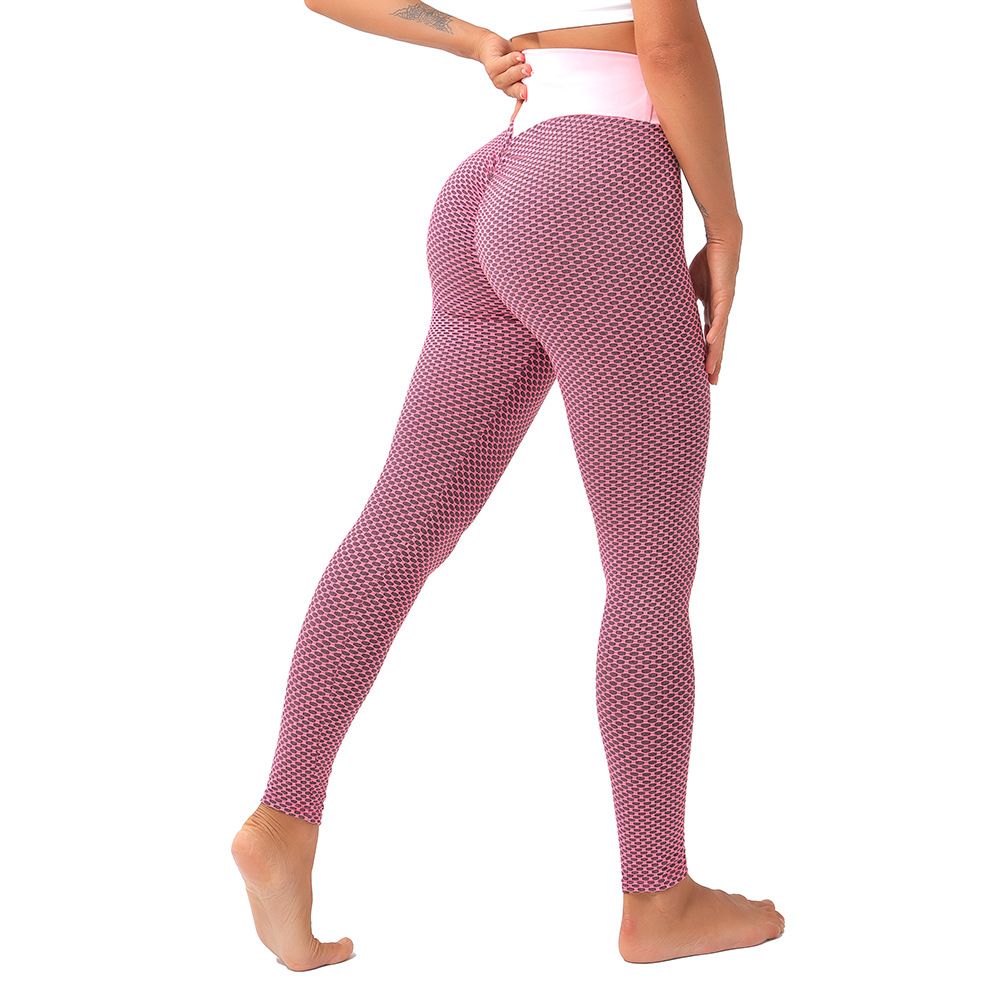 Hip Lifting Fitness Yoga Pants High Waist Sports Leggings Moisture Wicking Honeycomb Yoga Pants, Color: Pink, Size: S