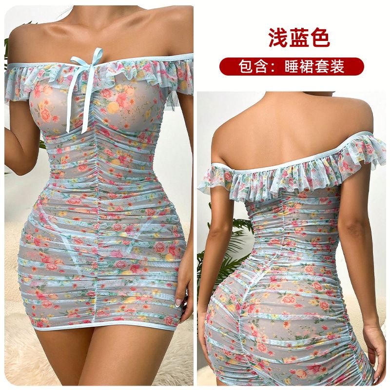 New Transparent Sexy Flower Underwear Cross-border Foreign Trade Mesh Printed Pleated Temptation Pajamas Nightdress Suit, Size: S, Color: Light blue