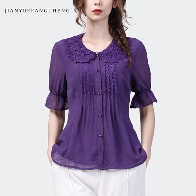 European Station 2024 Summer Chiffon Shirt Tops Women&amp;#039;s Thin Short-sleeved Lace Collar Flesh-covering Bottoming Shirt Chic Shirt