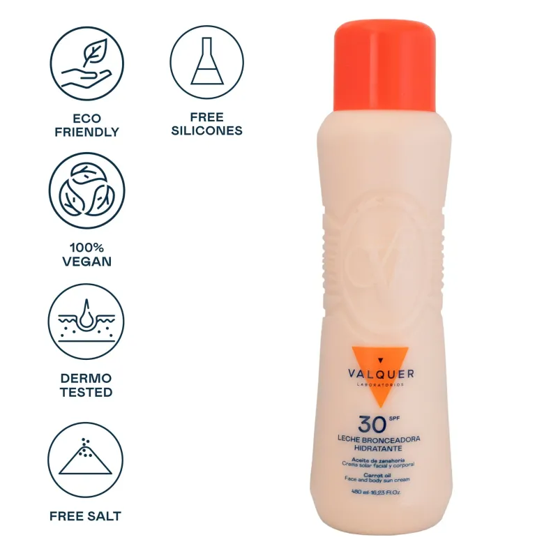VALQUER LECHE HIDRATANTE BRONCEADORA FACIAL Y CORPORAL CON ACEITE DE ZANAHORIA SPF30 500 ML