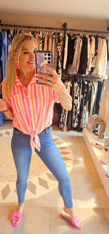 Gestreepte blouse fluo - Roze/oranje