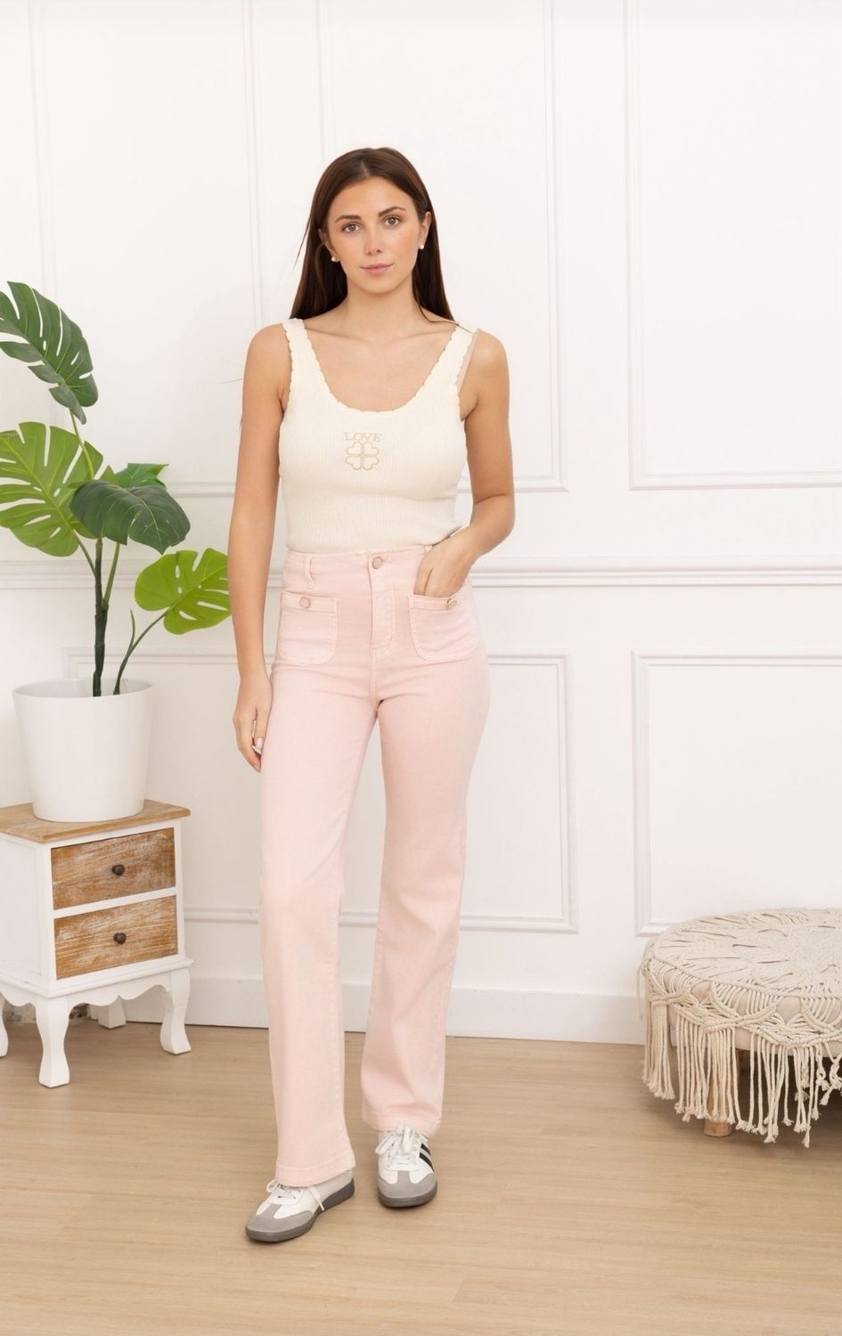 Folyrose - Wide leg pocket met knoop - Roos