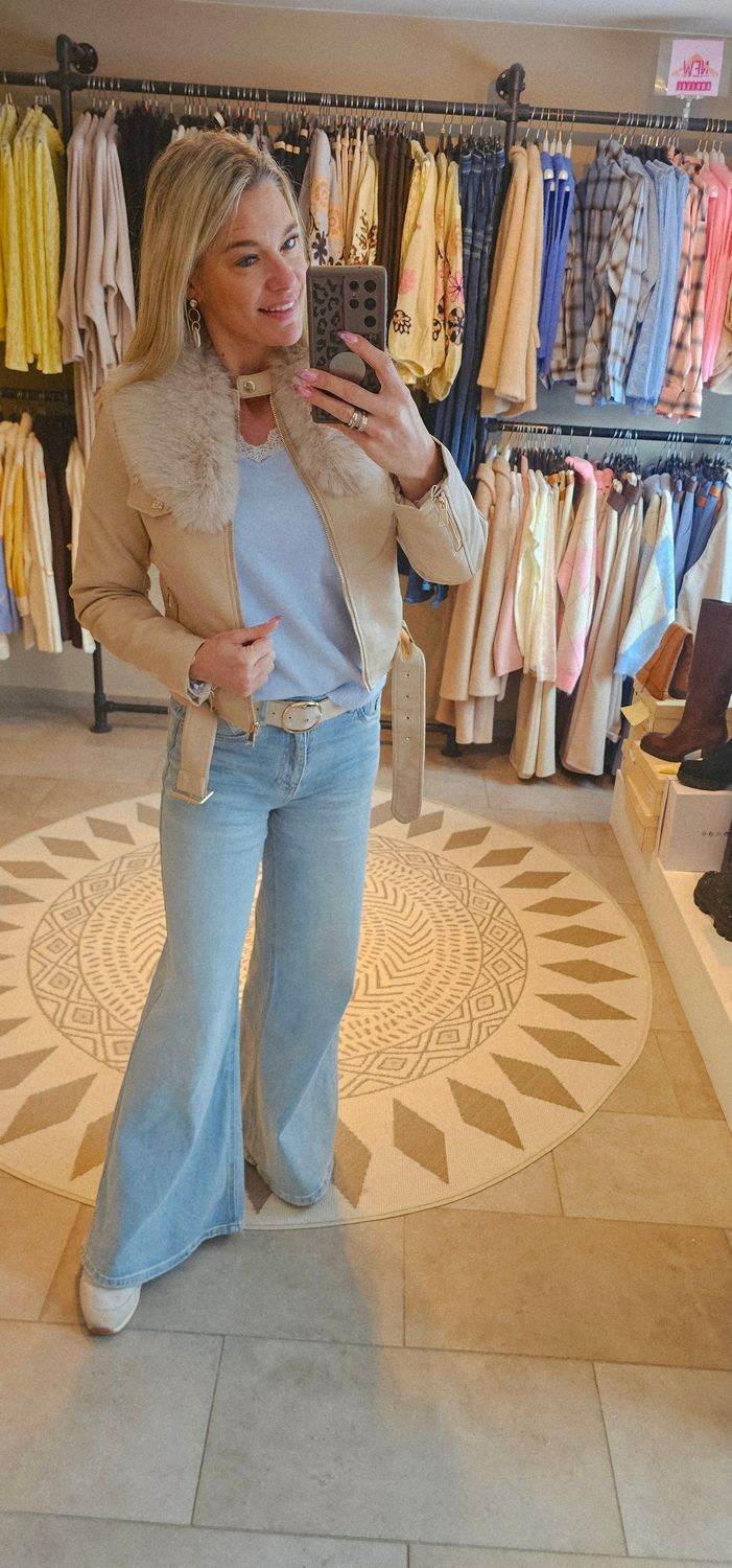 Lederlook jas Cecile - Beige ( pels kan eraf)