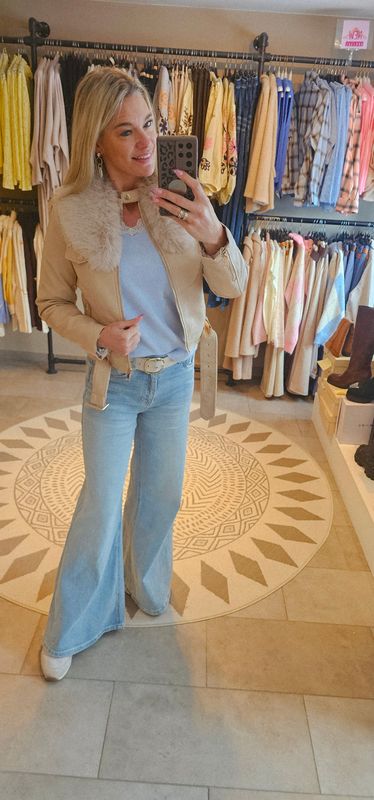 Lederlook jas Cecile - Beige ( pels kan eraf)