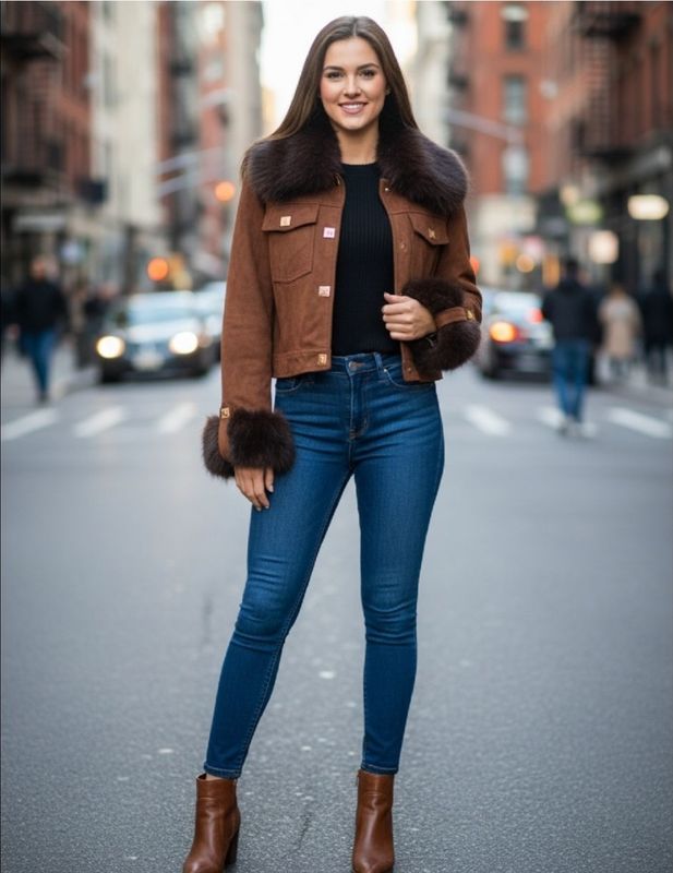 Jas pels daim stof - bruin ( pels kan eraf)