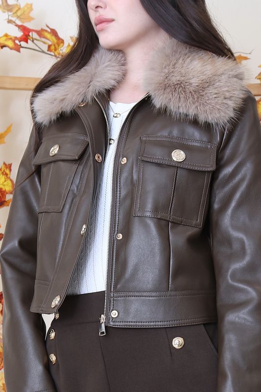 Lederlook jas pels - Bruin