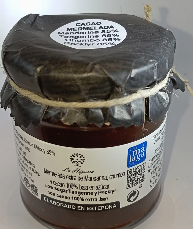 Mermelada extra de higo chumbo, mandarina y cacao 100%. Baja en azúcar 250g