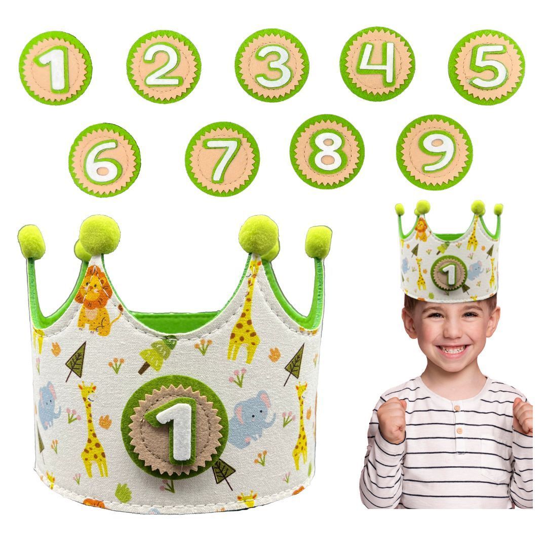 Corona Primer Cumpleaños Bosque Bebe Infantil - Corona Cumpleaños tela niño niña Números Intercambiables 1 a 9 - Regalo Original Bebe - Gorro Tela Niño Fiesta - Corona Cumpleaños Fiesta Infantil.
