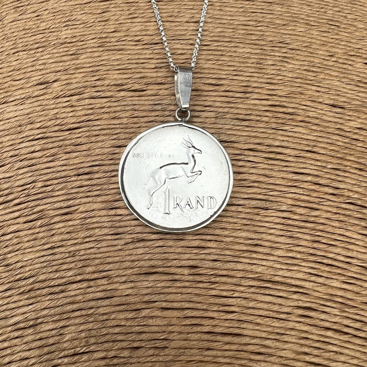 One Rand Coin pendant in sterling silver frame and necklace