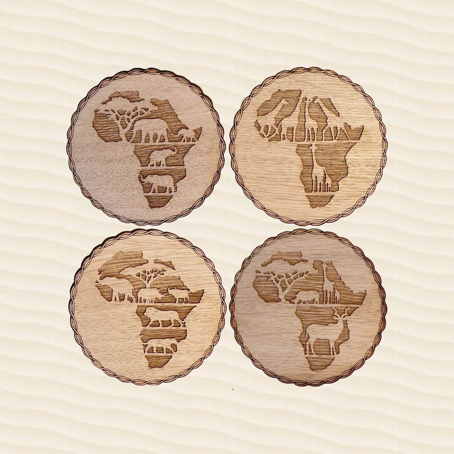 Coasters Wooden - Animals in Africa (SET OF 4), Design: Wildlife Mix (a set of 4 x different coasters)