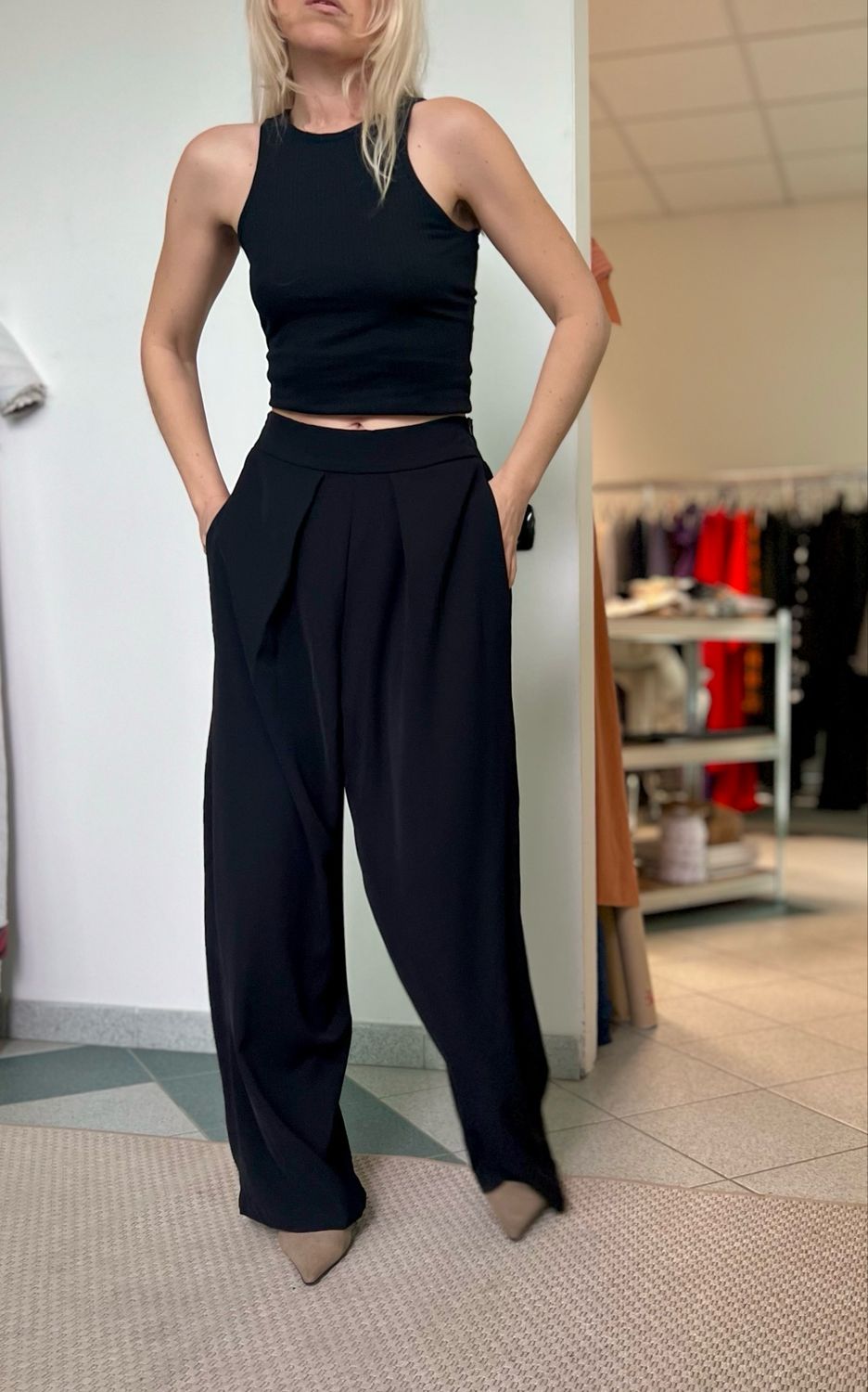 Pantalone pinces + fascione / crepe cady nero