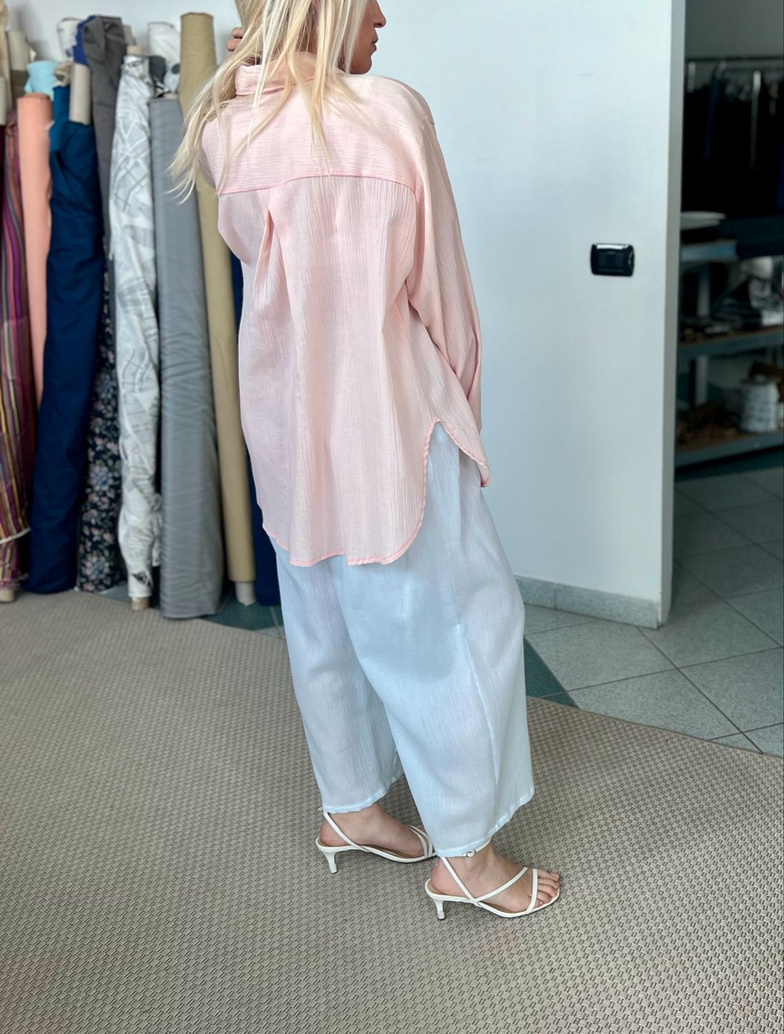 Pantalone morbido versione alla caviglia/cotone goffrato azzurro