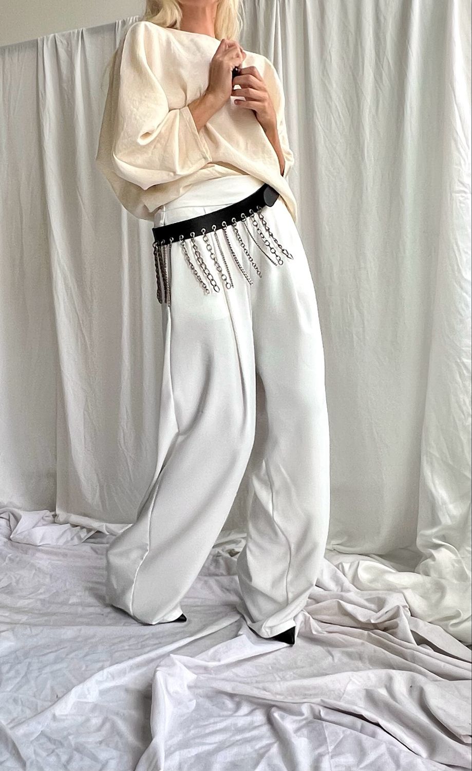 Pantalone con pinces ed elastico/ crepe cady bianco panna