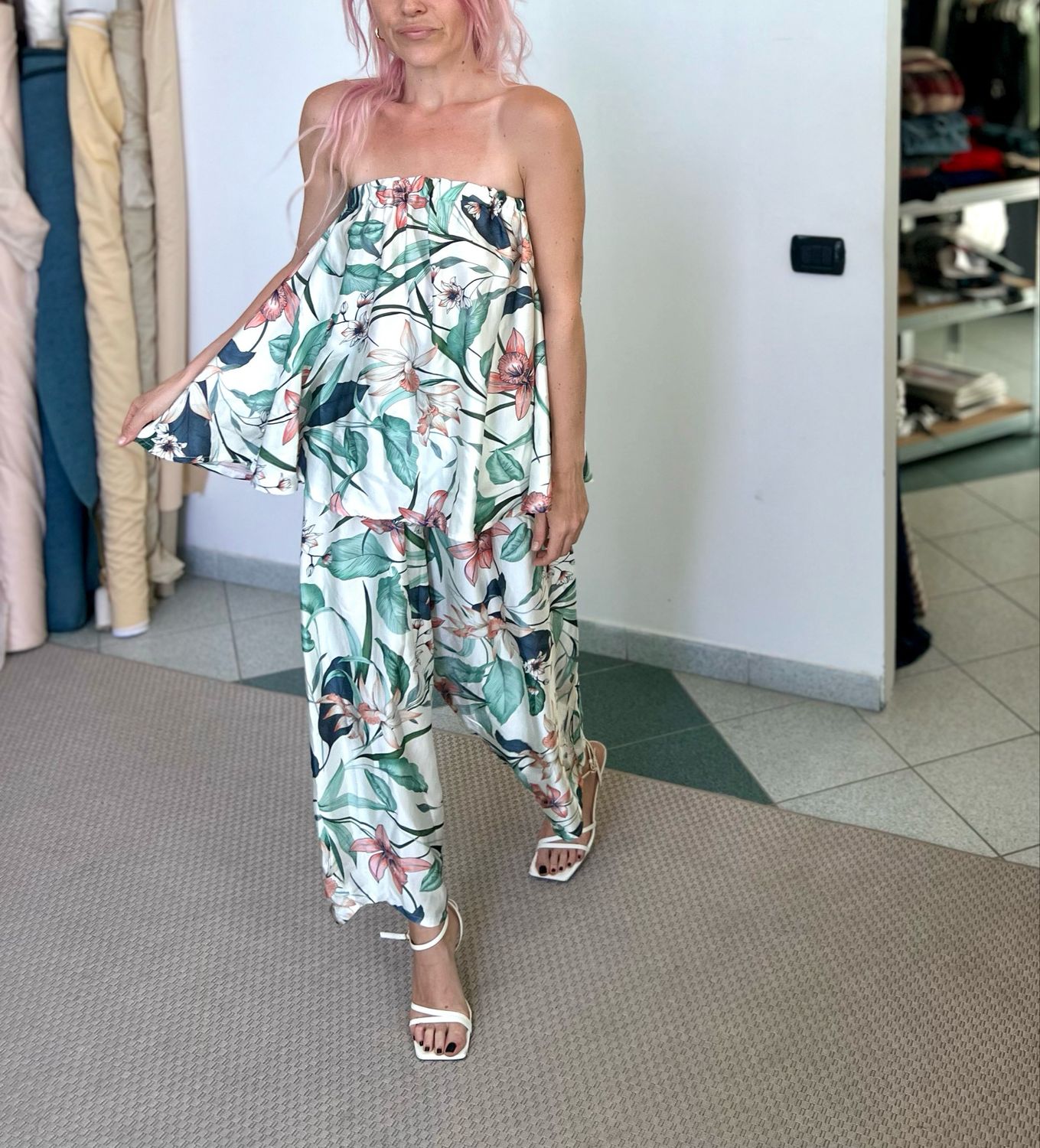 Completo Top/Gonna + Pantalone morbido panna floreale