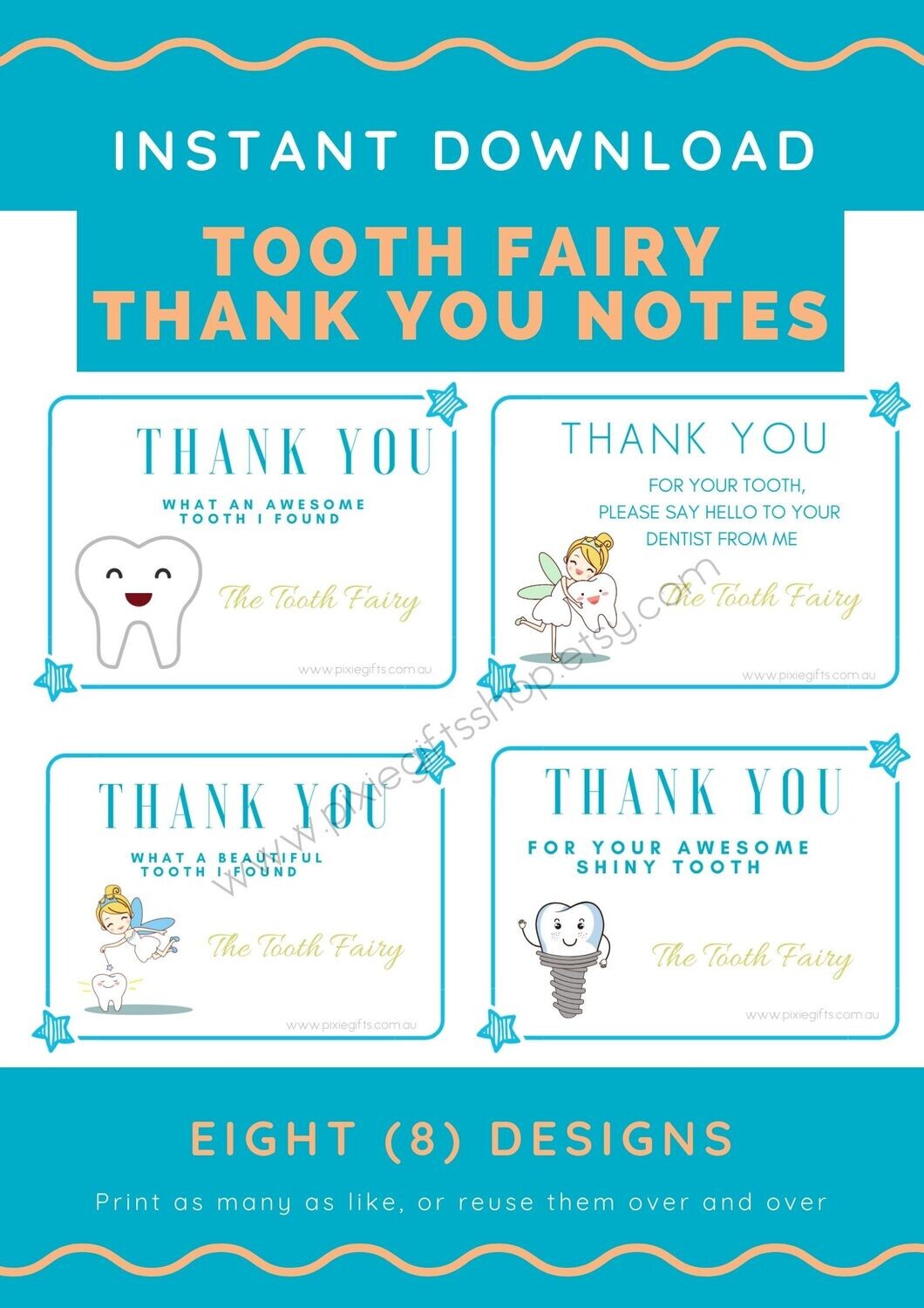 Mini Tooth Fairy Thank you letters, printable instant download, Set of 8 different designs