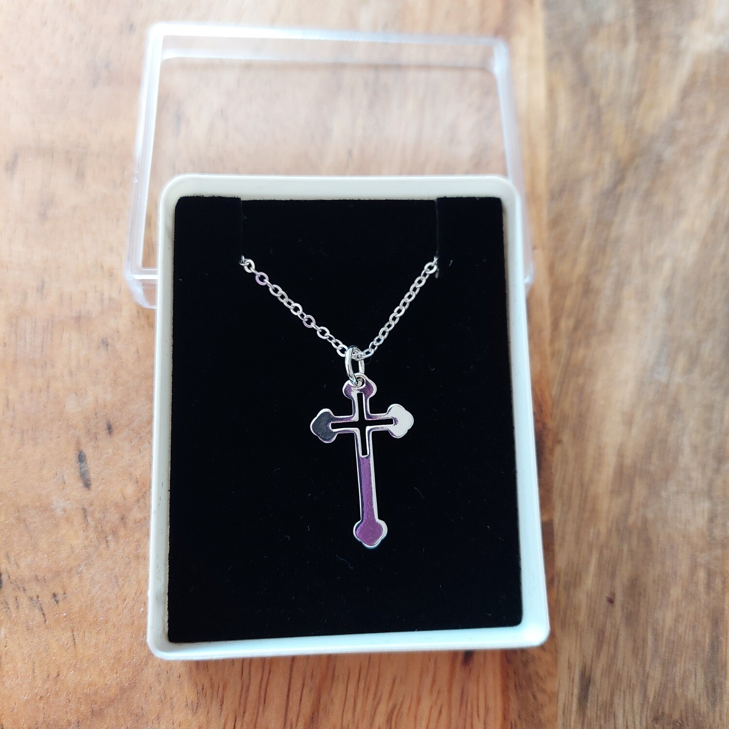 Silver Plate Clubbed Cross Pendant With Chain And Box