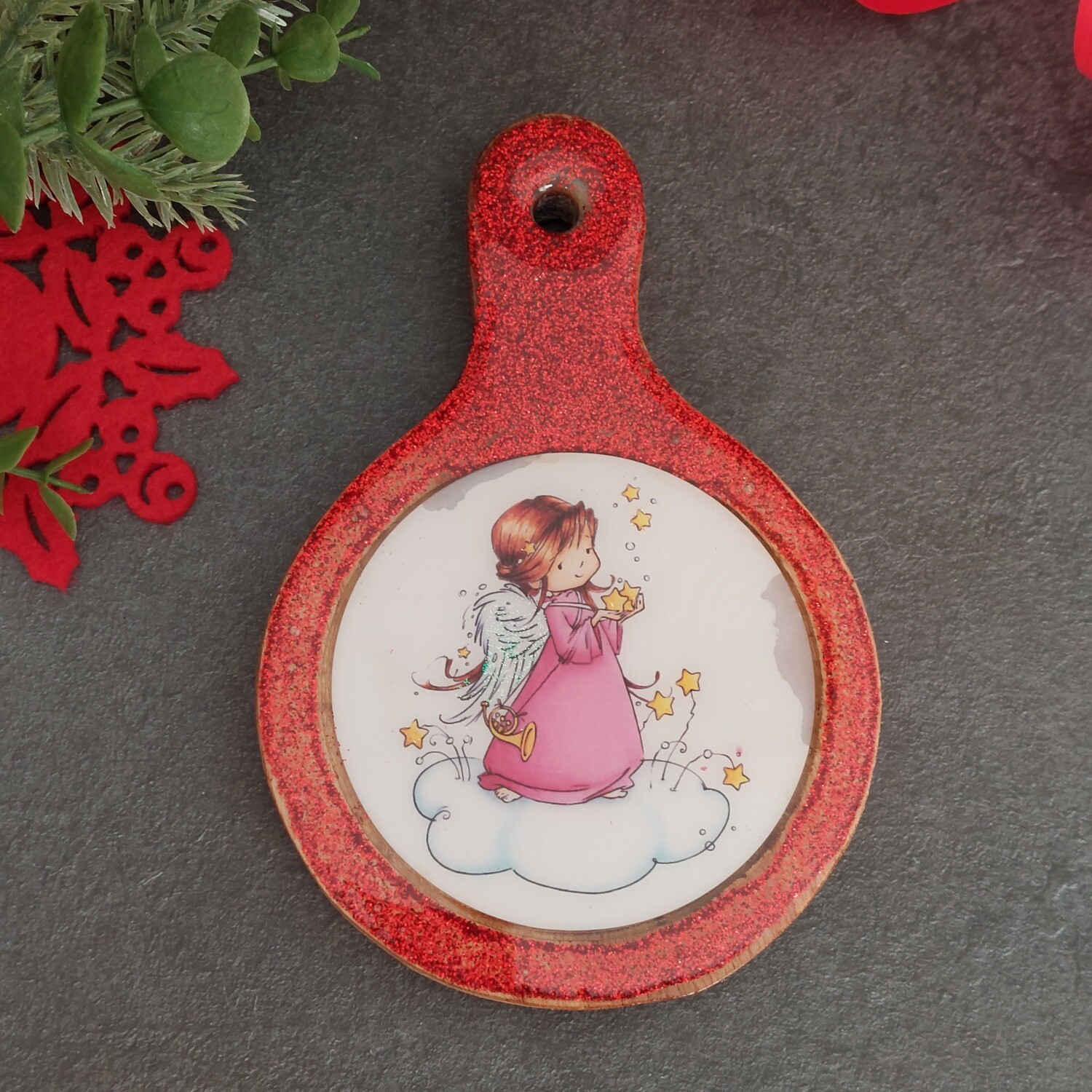 Enchanting Christmas Wooden Table Decor - Festive Pink Angel (Imperfect)