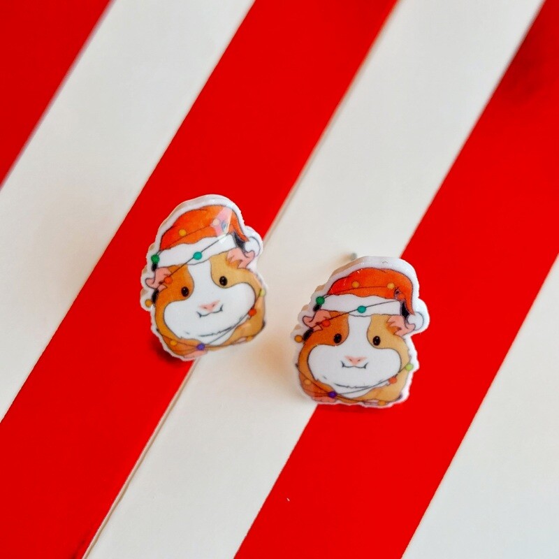 Christmas Guinea Pig Santa Hat Stud Earrings