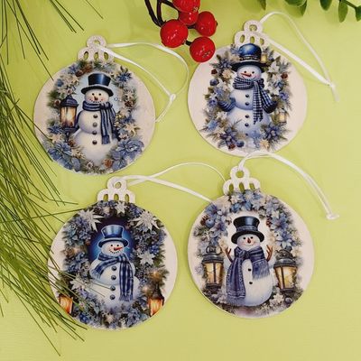 Set of 4 Wooden Snowman Christmas Ornaments