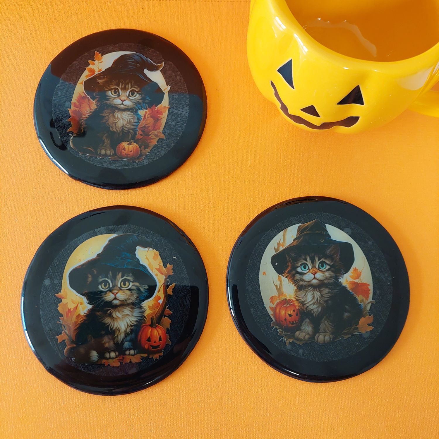 Wooden Halloween Drink Coasters - Black Cat Design, Spooky &amp; Stylish