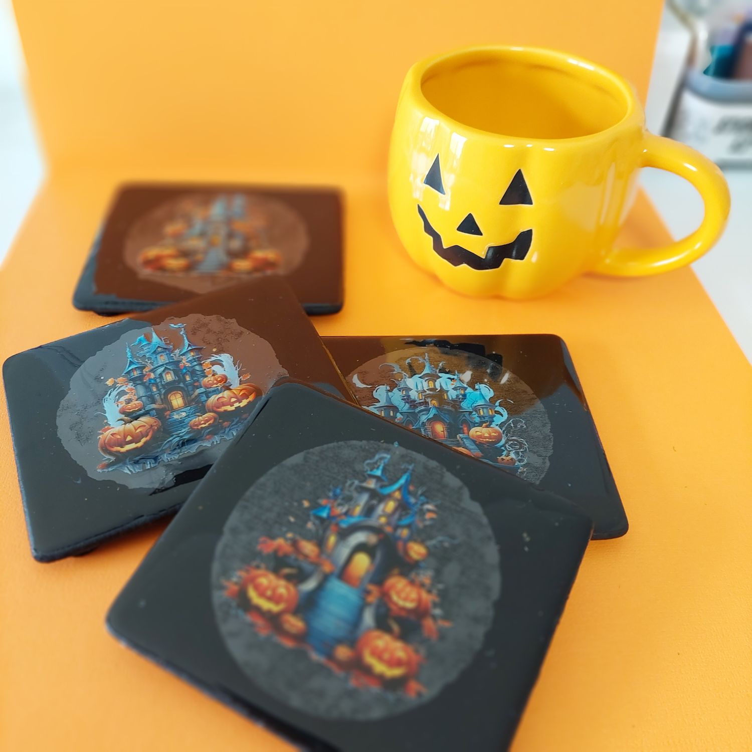 Spooky Castle Halloween Coasters: Resin-Coated Wooden Set of 4