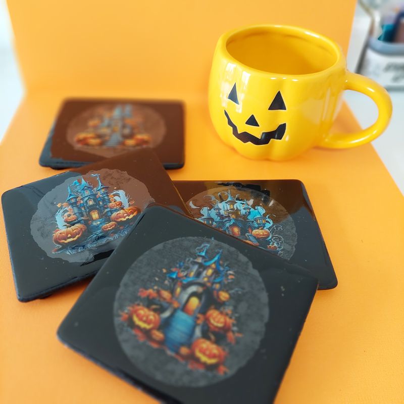 Spooky Castle Halloween Coasters: Resin-Coated Wooden Set of 4