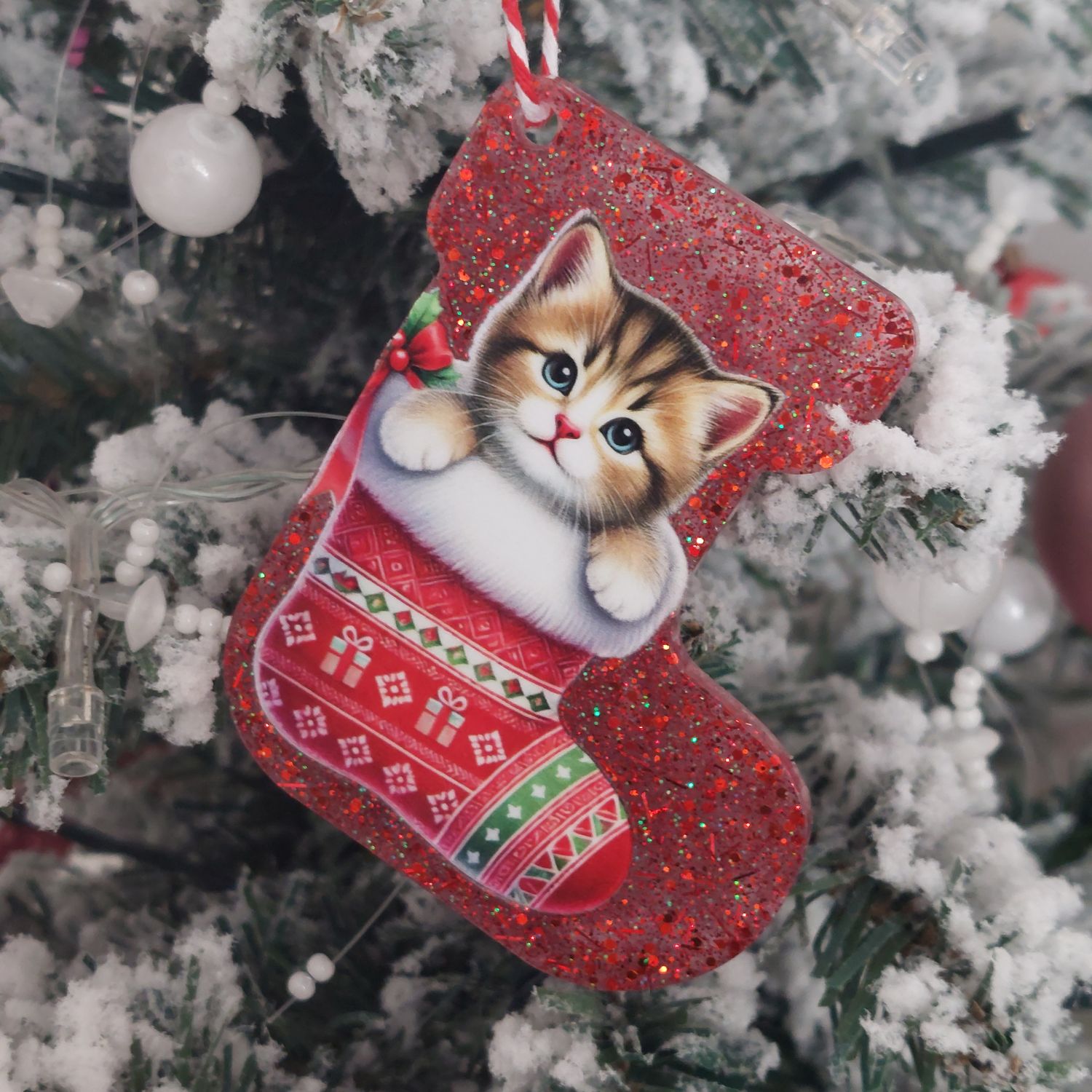 Handmade Resin Red Glitter Cat Christmas Tree Ornaments 🎄🐾 Sack