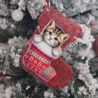 Handmade Resin Red Glitter Cat Christmas Tree Ornaments 🎄🐾 Sack