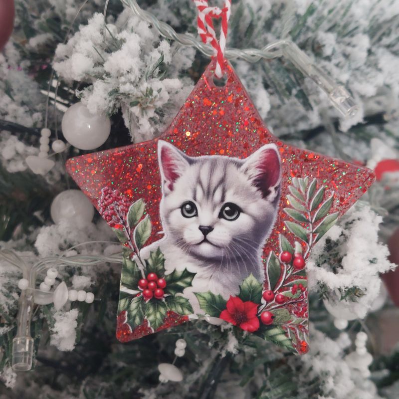 Handmade Resin Red Glitter Cat Christmas Tree Ornaments 🎄🐾 Star