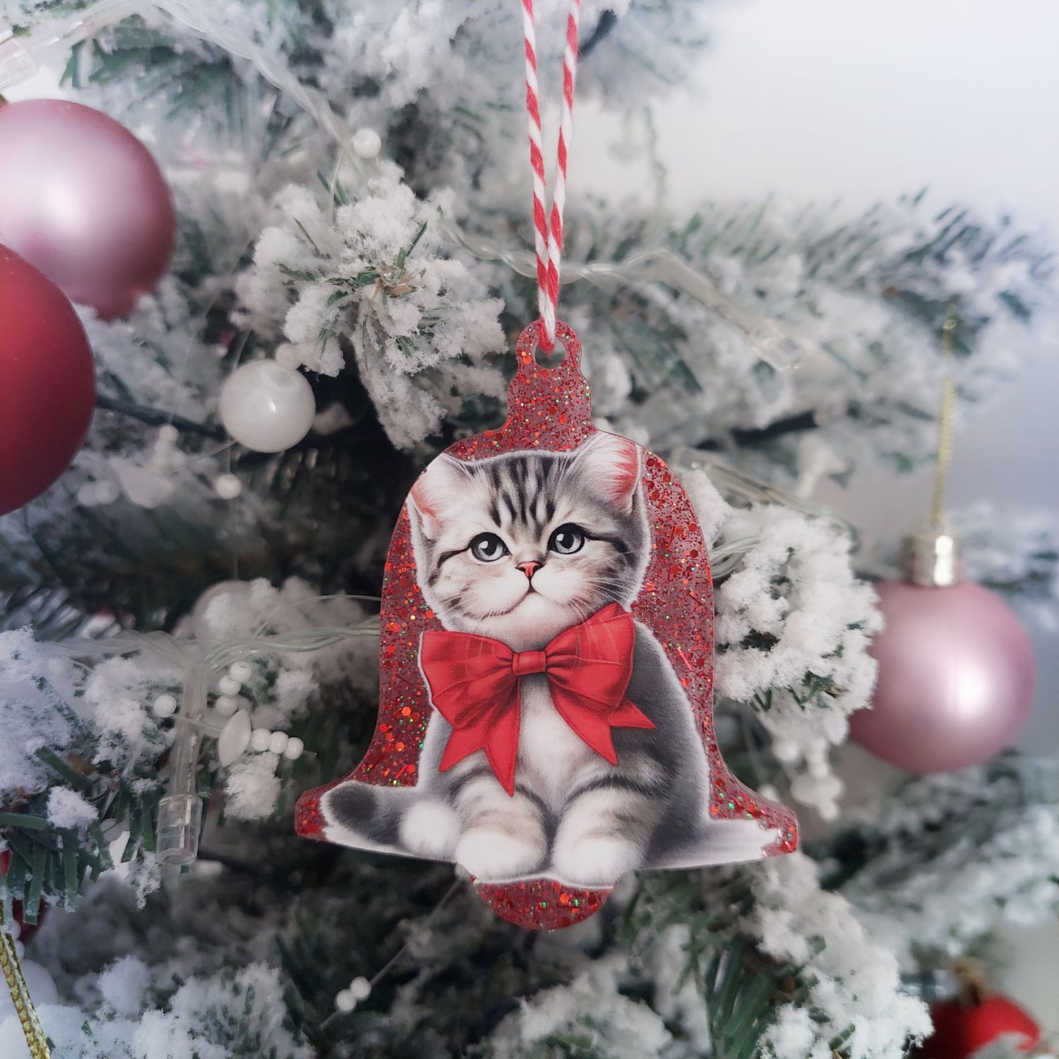 Handmade Resin Red Glitter Cat Christmas Tree Ornaments 🎄🐾 Bell