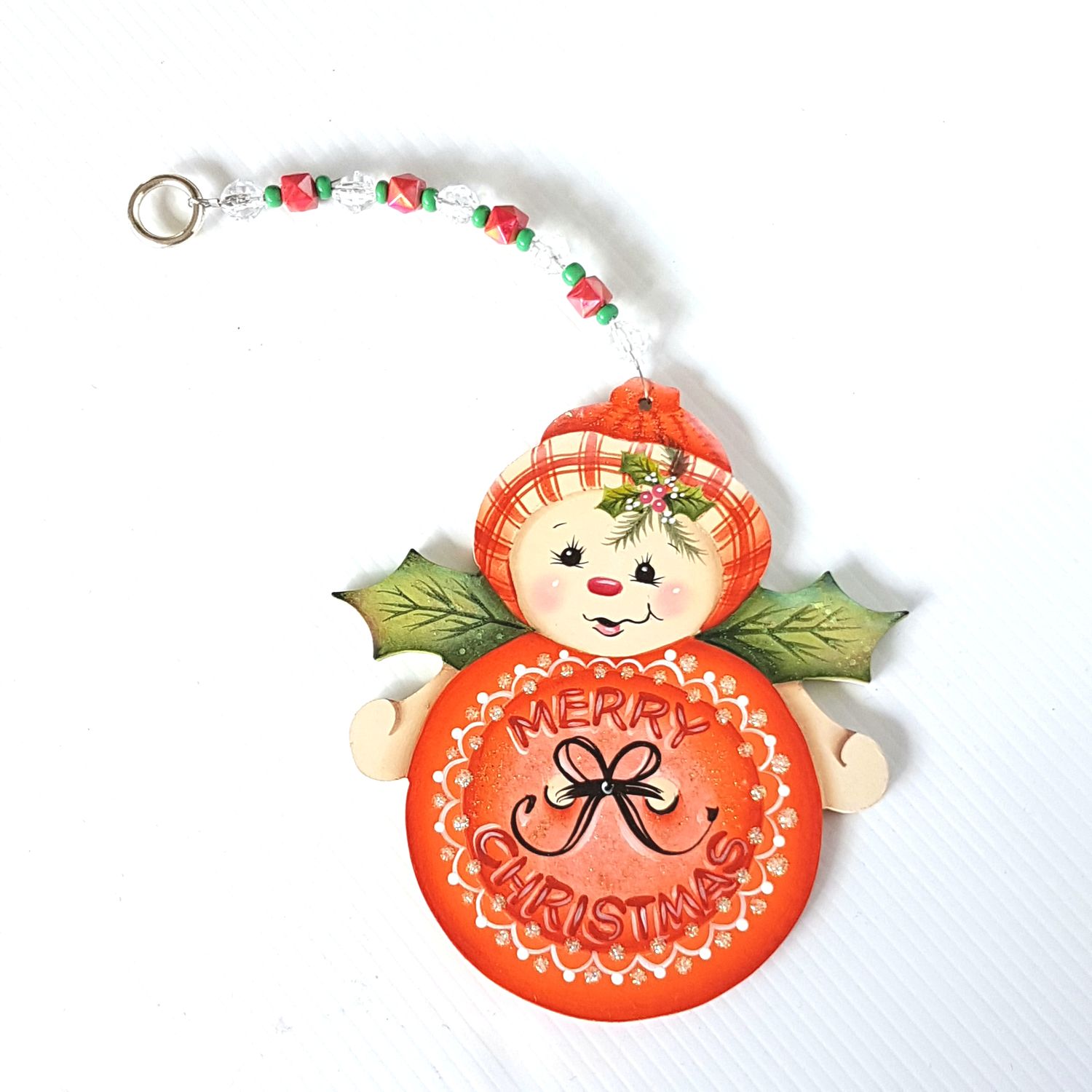 Merry Christmas Wooden Snowman Ornament - Orange