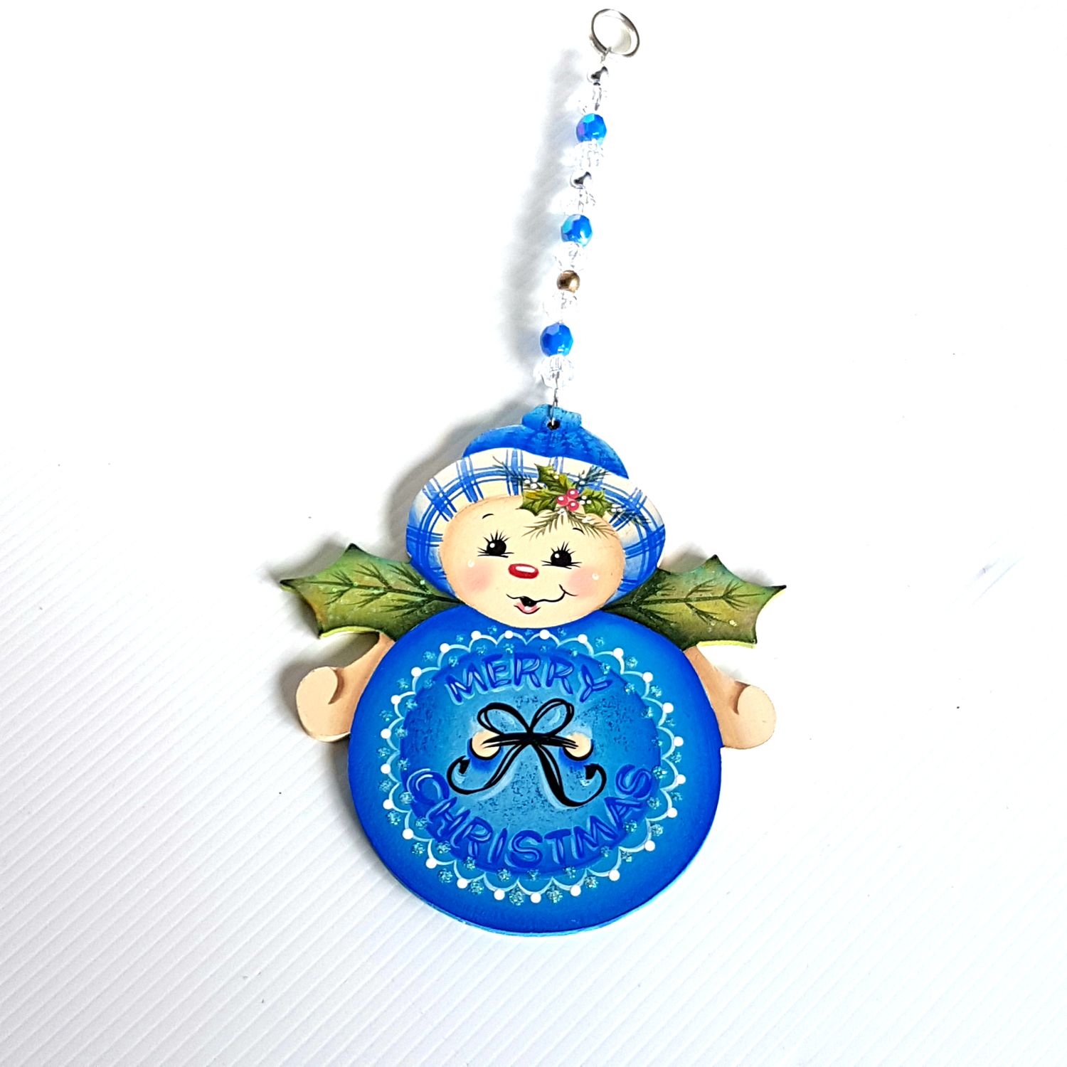 Merry Christmas Wooden Snowman Ornament - Blue
